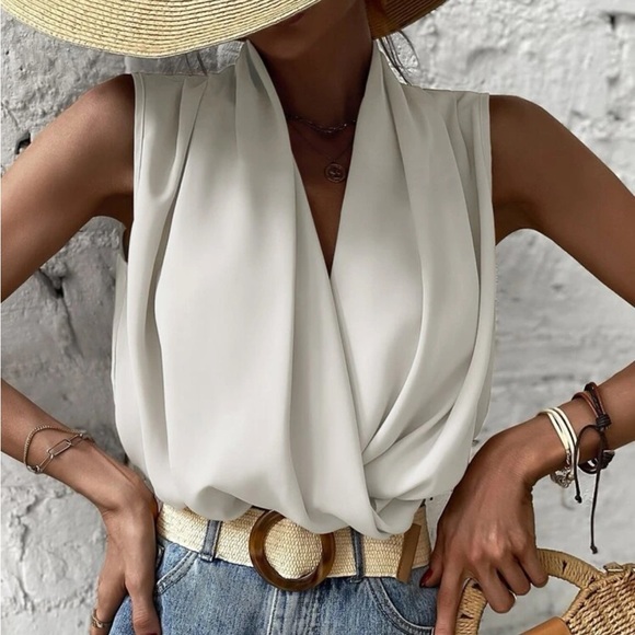 White draped wrap front blouse - Picture 5 of 6